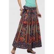 Tribal Printed Loose Tie Waist Maxi A-Line Skirt