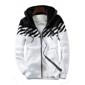 Color Block Contrast Striped Letter Printed Long Sleeve Zip Up Hooded Jacket