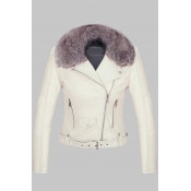 Faux Fur Collar Long Sleeve Zip Up Plain Crop PU Jacket