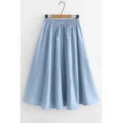 Plain Drawstring Waist Midi A-Line Denim Skirt
