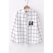 Cat Embroidered Plaid Printed Lapel Collar Long Sleeve Button Up Shirt