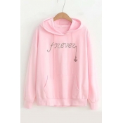 FOREVER Letter Anchor Embroidered Long Sleeve Casual Hoodie