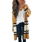 Color Block Striped Printed Collarless Open Front Tunic Cardigan