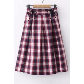 Lace Up Detail Waist Plaid Printed Pleated Front Midi A-Line Skirt