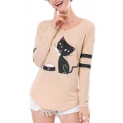 V Neck Cartoon Cat Contrast Striped Printed Long Sleeve Slim Tee
