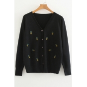 Button Front Pineapple Embroidered Long Sleeve V Neck Cardigan