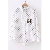 Polka Dot Printed Cat Embroidered Lapel Collar Long Sleeve Button Front Shirt