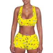 Round Neck Sleeveless Cartoon Printed Crop Tank with Skinny Shorts Sports Co-ords