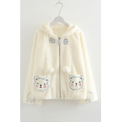 Lovely Bear Embroidered Long Sleeve Zip Up Hooded Faux Fur Coat