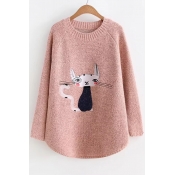 Cartoon Cat Embroidered Long Sleeve Round Neck Warm Sweater