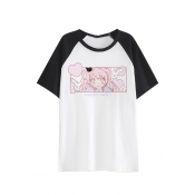 Cartoon Character Japanese Printed Color Block Raglan Short Sleeve Round Neck T-Shirt