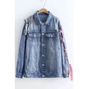 Ripped Lace Up Detail Lapel Collar Button Front Long Sleeve Denim Jacket