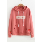 HEY BOY Letter Strawberry Embroidered Long Sleeve Leisure Hoodie