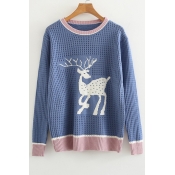 Color Block Deer Pattern Hollow Out Detail Long Sleeve Sweater