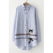 Contrast Striped Cat Embroidered Lapel Collar Long Sleeve Button Front Tunic Shirt