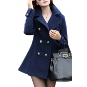Notched Lapel Collar Long Sleeve Double Breasted Plain Tunic Slim Coat