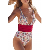 Spaghetti Straps Sleeveless Color Block Tie Waist Floral Printed One Piece Swimwear