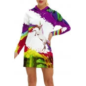 Color Block Unicorn Printed Leisure Long Sleeve Mini Hooded Dress