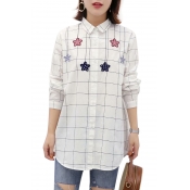 Star Embroidered Plaid Printed Lapel Collar Long Sleeve Button Front Shirt