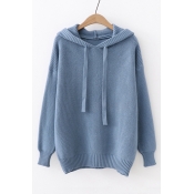 Long Sleeve Plain Leisure Ribbed Hooded Sweater