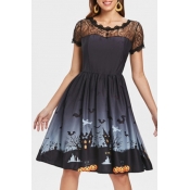 Round Neck Short Sleeve Lace Insert Halloween Series Printed Midi A-Line Dress