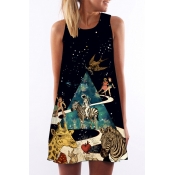 Astronaut Animal Galaxy Printed Round Neck Sleeveless Mini A-Line Dress