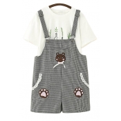 Bear Embroidered Plaid Printed Straps Sleeveless Overall Romper