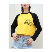 Color Block Round Neck Letter Printed Long Sleeve Crop T-Shirt
