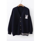 Cat Embroidered V Neck Button Front Long Sleeve Contrast Striped Hem Loose Cardigan