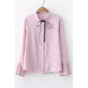 Polka Dot Printed Bow Tie Stand Up Collar Pleated Detail Cuffs Long Sleeve Button Front Shirt