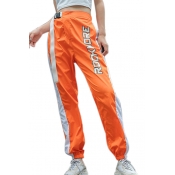 Color Block High Waist Letter Printed Elastic Cuffs Sports Pants
