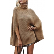 Trendy High Neck Plain Loose Tunic Cape Sweater