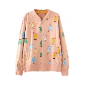 Lovely Cartoon All Over Printed Stand Up Collar Long Sleeve Zip Closure Jacket