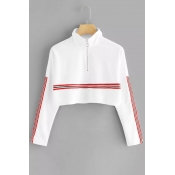 Half-Zip Stand Collar Contrast Striped Long Sleeve Cropped Sweatshirt