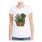 FREE HUGS Letter Cactus Printed Round Neck Short Sleeve T-Shirt
