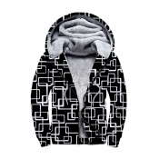 3D Geometric All Over Print Long Sleeve Zip Up Plush Lined Hoodie