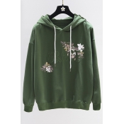 Letter Embroidered Floral Print Long Sleeve Hoodie