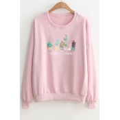 Sequined Cactus Letter Printed Round Neck Long Sleeve Sweatshirt