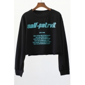 Letter Number Printed Round Neck Long Sleeve Cropped Sweatshirt
