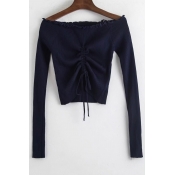 Drawstring Front Off The Shoulder Long Sleeve Ribbed Crop  Sweater