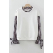 Contrast Plaid Patch Round Neck Long Sleeve Bow Tie Cuffs Layered Sweatshirt