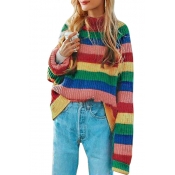 Chic Colorful Striped High Neck Long Sleeve Pullover Sweatshirt