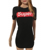 SUPER Letter Graphic Printed Round Neck Short Sleeve Mini T-Shirt Dress