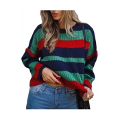 Chic Loose Round Neck Color Block Striped Long Sleeve Cropped Sweater