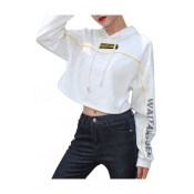 Contrast Piping I CAN'T EVEN Letter Embroidered Long Sleeve Cropped Hoodie