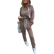 Sports Plain Long Sleeve Hoodie with Loose Drawstring Waist Pants Co-ords