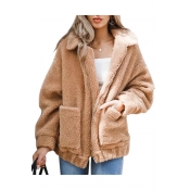 Warm Faux Fur Lapel Collar Long Sleeve Zip Closure Plain Jacket