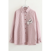 Rabbit Embroidered Plaid Lapel Collar Long Sleeve Button Front Shirt