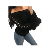 Lace Up Detail Long Sleeve Off The Shoulder Plain Sexy Sweater