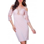 Sexy Lace Patchwork Off The Shoulder 3/4 Length Sleeve Midi Pencil Dress
